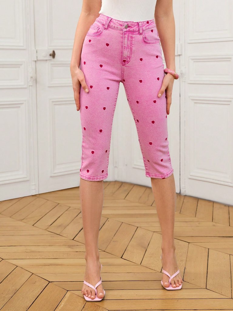 Pink Casual Women's Denim Skinny 5-Inch Shorts With Heart Embroidery